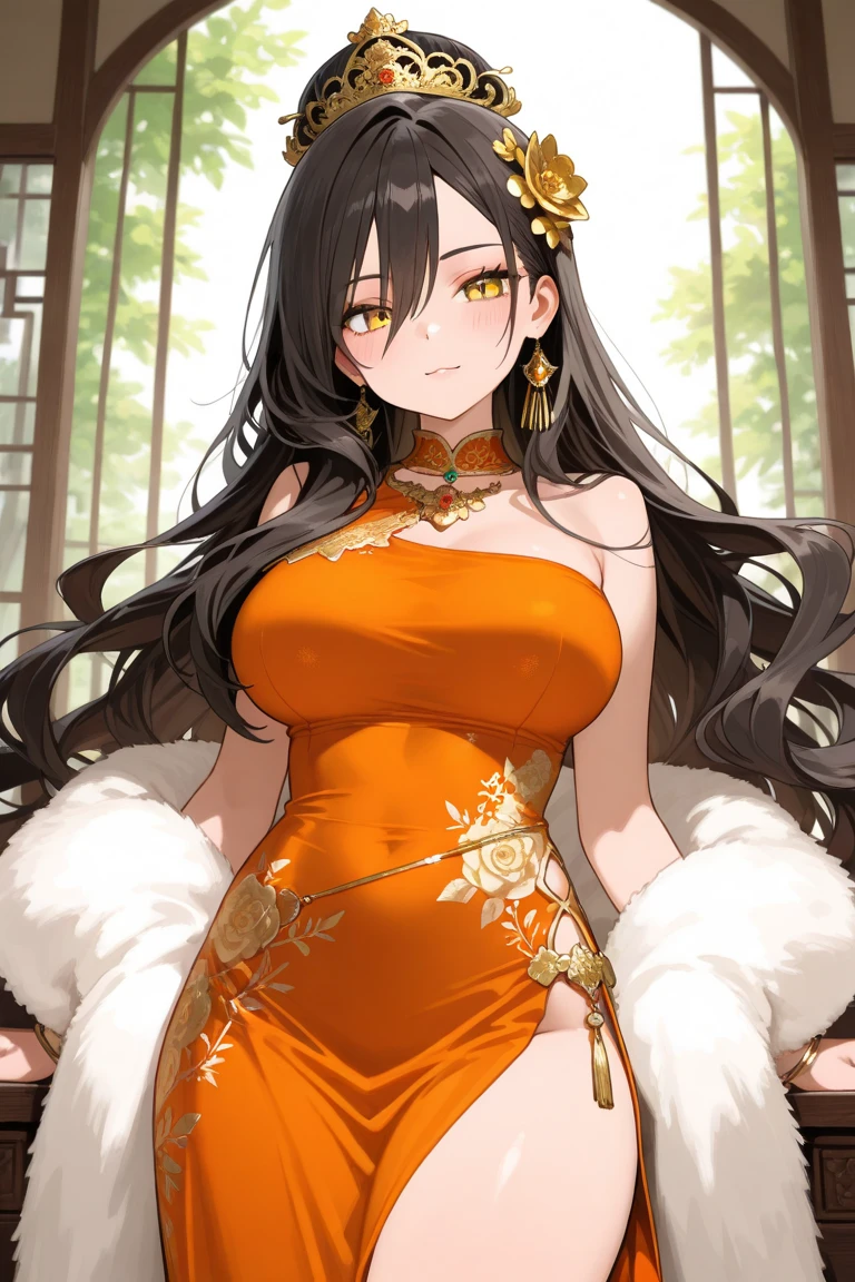  Huge  Chinese martial artist 17 years old girl.long brown hair in hime-cut style, which she ties in Chinese-style twin-buns using white ribbons . Golden eyes. fair-complexion and has a hourglass figure with moderate bust-size.sleeveless-strapless dark red long cheongsam with golden chinese dragon drawn on it. 