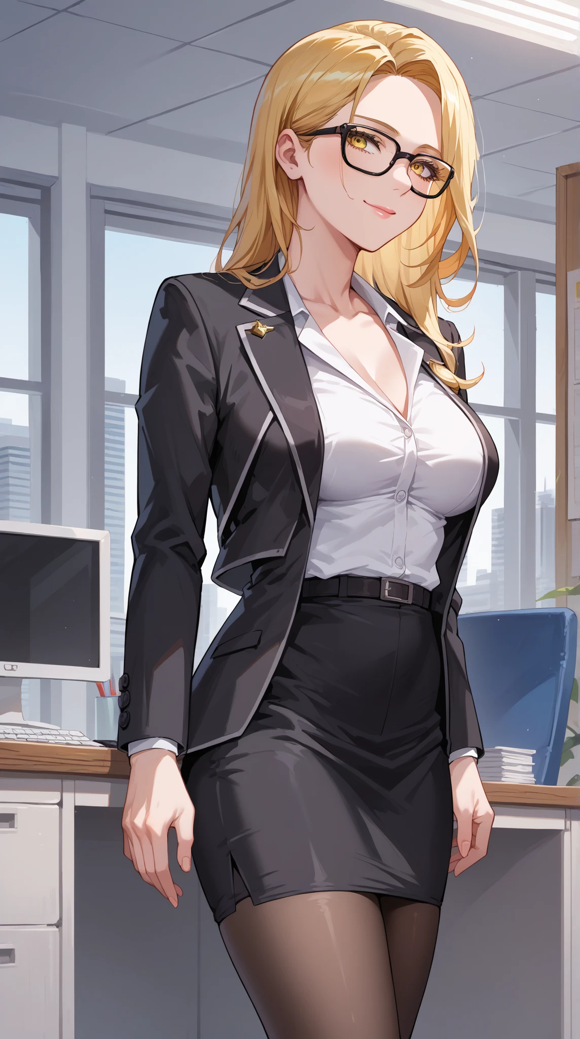 (best quality, highres), portrait, elegant mature woman, blue eyes, long hair, swept-side bang, [[brown hair]], (blonde hair), ultra detailed cg 8k, beautiful, high resolution 8k
