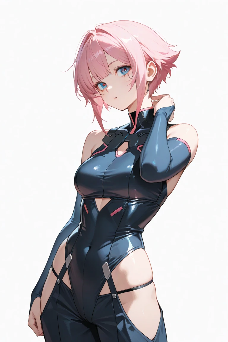 1 girl, high quality, (short hair), pink hair, forehead, blue eyes, (medium breast), straps on thighs:1.3), simple background, (stocking), (cameltoe:1.2),(sweaty:1.1), (nipples:0.8),
