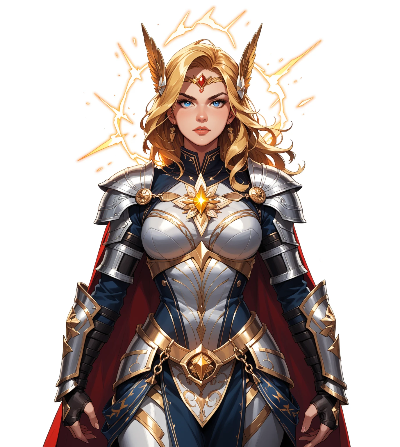 score_8_up, score_7_up, 1girl, solo, portrait of paladin lady in ornate armor, red lips, pauldrons, frills, cape, blonde hair, braid, glowing halo, night, particles, royal castle background, bokeh, yellow lightning, storm, dark clouds, hades style