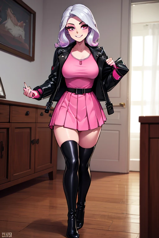 ((masterpiece, best quality, ultra-detailed)), beautiful woman, pink tank top, bracelet, necklace, black midi pencil skirt, leather boots, full body, long purple hair