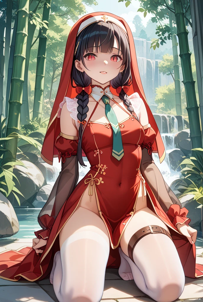 masterpiece, best quality, 1girl, red eyes, long hair, black hair, sitting, red kimono, medium breasts, topless, embarrassed, nature, bridge, breasts, elf, perfect skin, vaginal, open legs, open kimono, pubic hair, large aureole, detailed breasts, realistic breasts, naked,
