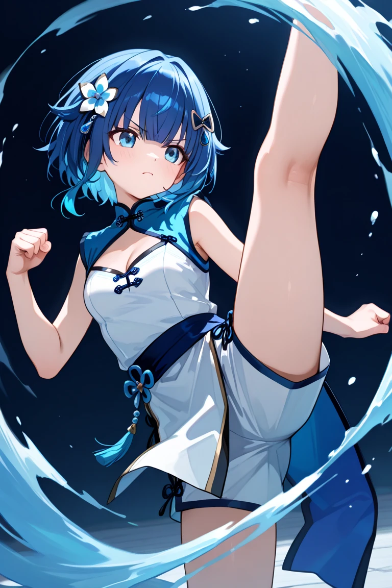 Kunoichi Girl, Medium Blue Hair tied to the twin tails with a white ribbon, transparent white skin, white kimono sticks perfectly on the skin, no sleeves, and short, slits on both sides I can see. , Bare hands and bare feet,
