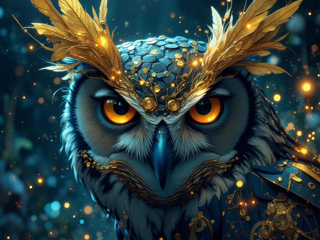 depict of mystical and magical, ultra realism, hyper realistic surrealism, gold dusts sparkling on the air and create owl-shaped gold elements with gold feather and blue beak, close up face of a perfect mystical creature with intricate magical gold dusts details, with striking navy eyes, the background is a deep dark Blue Night Sky, dramatic lighting, perfect digital art, very aesthetic, good quality, amazing details, masterpiece image, combining both mystical subject with Magic. the Owl should be looking at viewer, fierce. blue and gold color grading, close up angle.