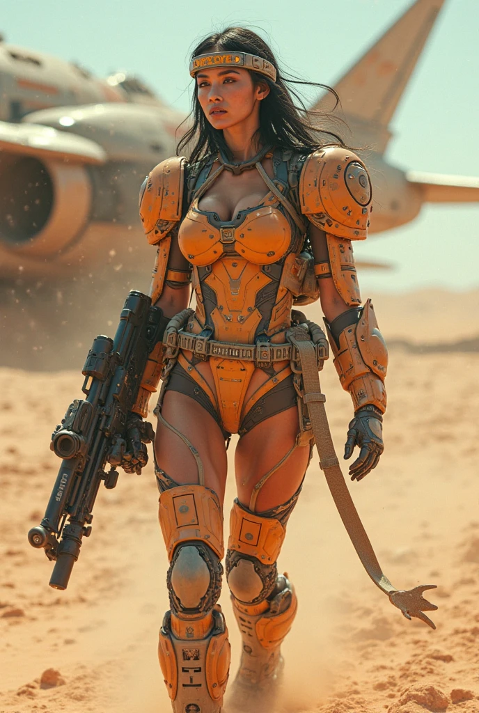 Da ist eine Frau, holding a gun in front of a spaceship, destroyed empire in the background, offizielle Charakterkunst, Zombie aus Doom Eternal, Orianna, Painting by c-3p0, inspiriert von Sargent Johnson, Himmelsplanet im Hintergrund, Juno-Werbebild, Vollhelm