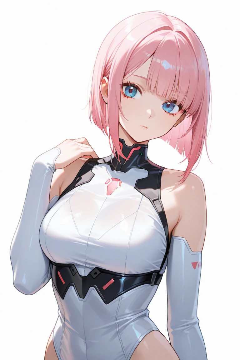girl in white athletic swimsuit with short pink hair tied up, pezones chiquitos, posing from the front with provocative blue eyes and barcode tattoos, It is inside a cybernetic futuristic laboratory, the girl has small android parts made of plastic steel and glass, grandes senos, tiene una mirada hacia arriba y tiene cicatrices en todo el cuerpo, esta posando de una manera provocadora de perfil mostrando el trasero, en el laboratorio se ven herramientas cables, cyber punk