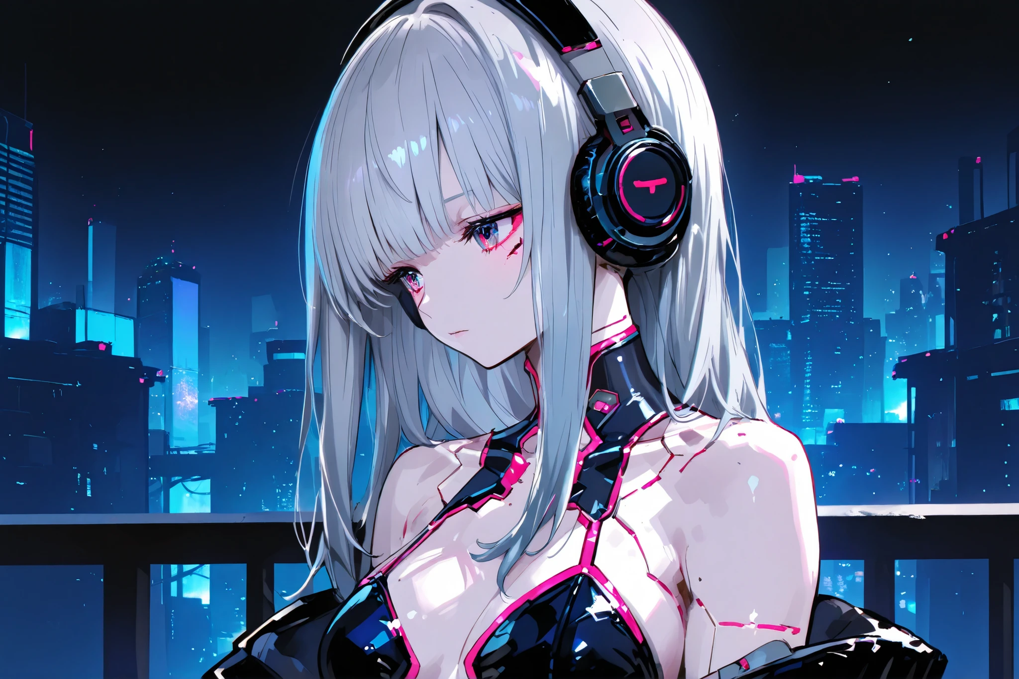 ((night), One Girl, I、Detailed cute face、Hands on hips, (Detailed cute face), headphone, summer, (Cyber City, Neon Town), Model shot, smile, Kurokami Morning), One Girl, I, Hands on hips, Thinking pose, summer, headphone, Model Body Type, (Cyber City, Neon Town), Full Body Shot, Laughter, Black-haired, Detailed costume, Detailed Background, alone, Full Body Shot, Futuristic buildings shine、Detailed cute face、Cyberpunk Background、