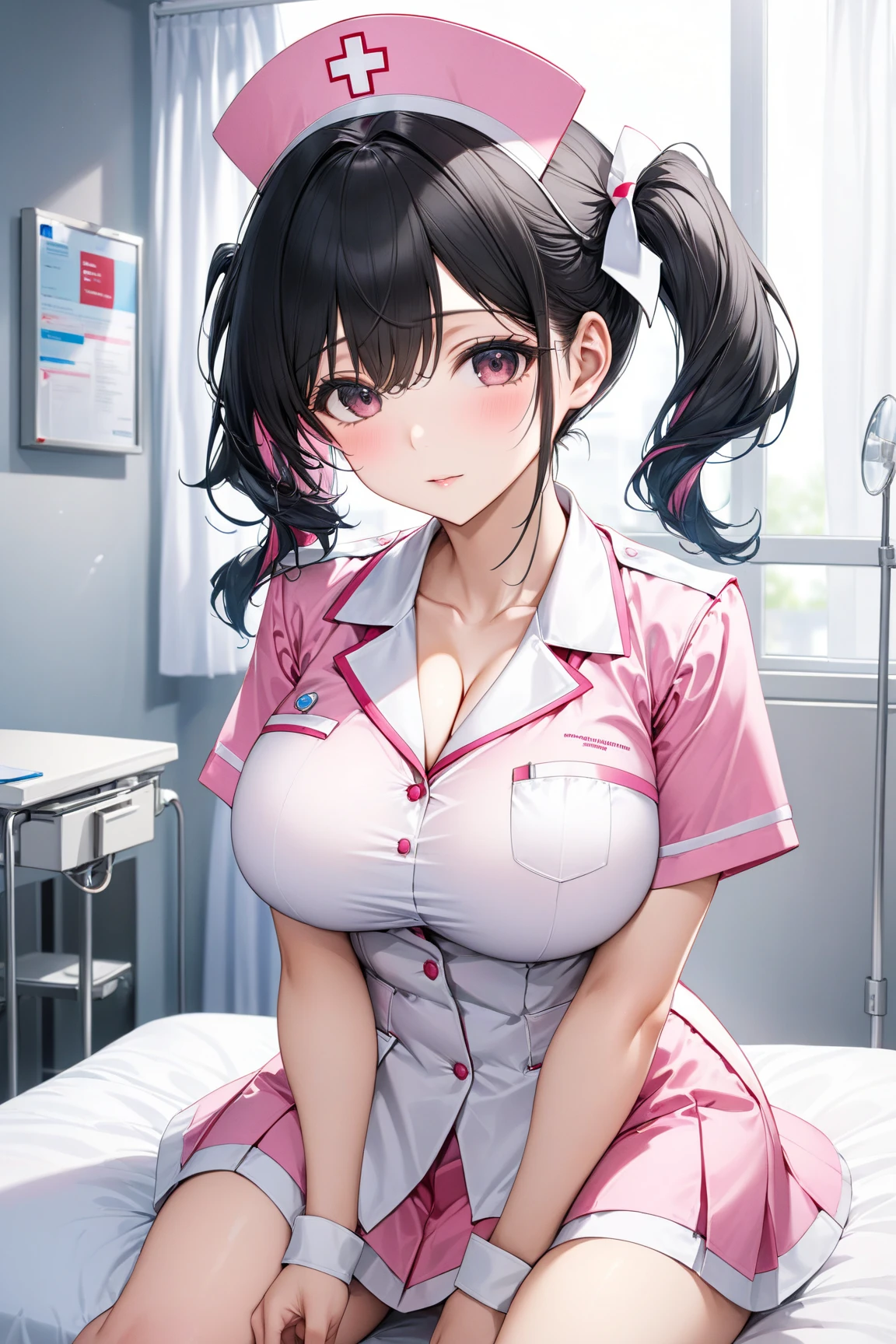 Girls(masterpiece:1.4)、(in 8K、realisitic、Raw photo、top-quality:1.4)、(Real Face:1.4)、(real looking skin:1.3)、超A high resolution、A hyper-realistic、Brown eyes with beautiful details、Black shorthair、Low ponytail、nurse、White nurse uniform、Nurse Cap、no-bra、high detailing、(huge-breasted:1.5)、cleavage of the breast、Blushing、Embarrassed look、gargantilha、On the bed in the hospital room