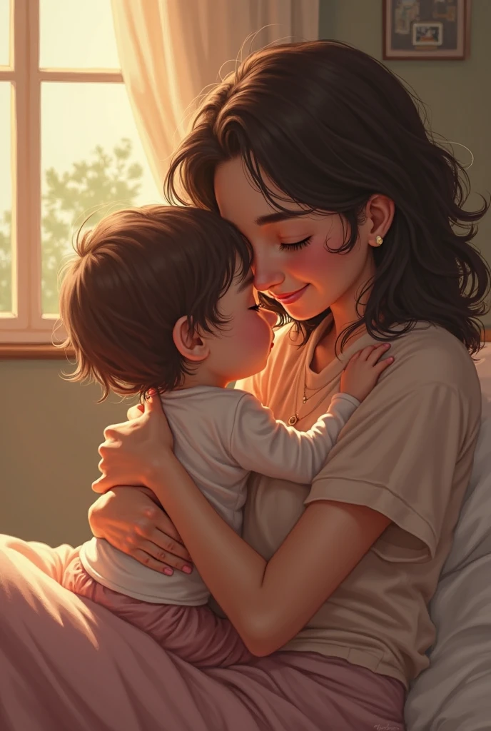 score_9, score_8_up, score_7_up, 1boy, 1girl, young female, (mother and son), kid, hug, kiss, hand on head, kneeling, in a room