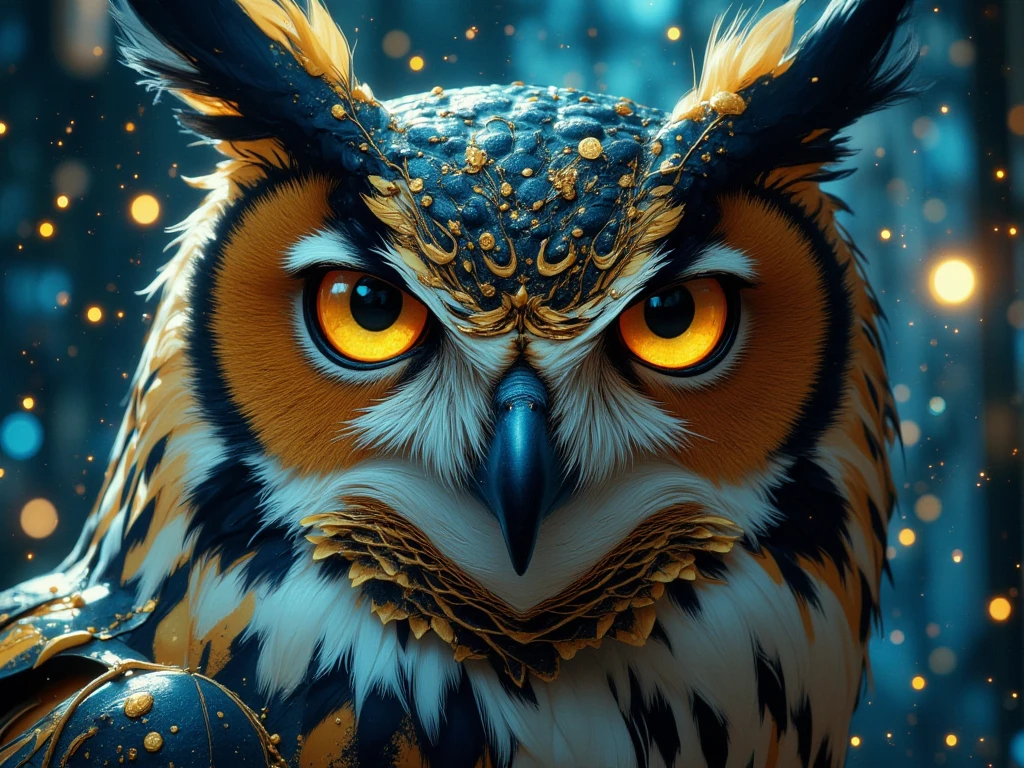 depict of mystical and magical, ultra realism, hyper realistic surrealism, gold dusts sparkling on the air and create owl-shaped gold elements with gold feather and blue beak, close up face of a perfect mystical creature with intricate magical gold dusts details, with striking navy eyes, the background is a deep dark Blue Night Sky, dramatic lighting, perfect digital art, very aesthetic, good quality, amazing details, masterpiece image, combining both mystical subject with Magic. the Owl should be looking at viewer, fierce. blue and gold color grading, close up angle.