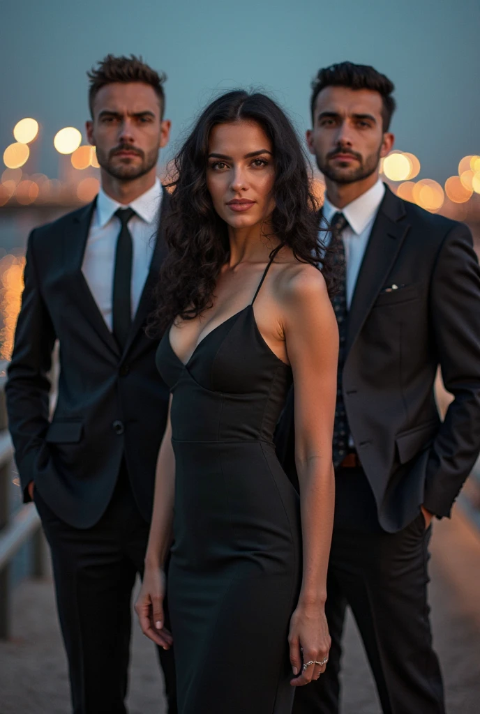 A female beauty walks through the city with her bodyguards