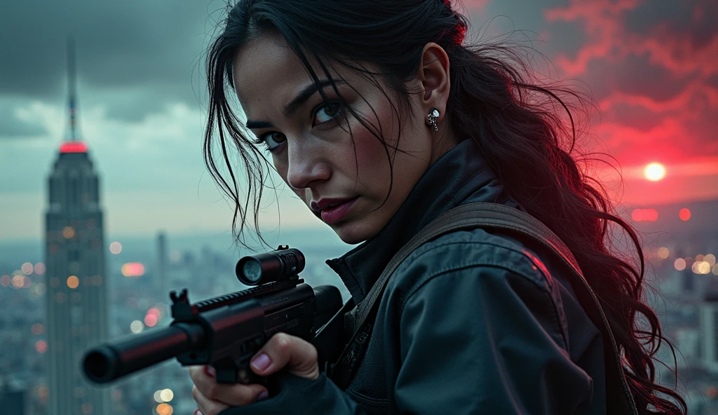 beautiful girl , short wavy hair , Chest 38 inches , sexy figure , black tight tank top , black tight shorts , holding a rifle , On the roof of the building , The background image is a tall building. , Close-up photo , night time