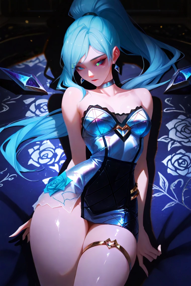 LYFEB, tactical_bodysuit, asymmetrical_leggings, boots, hairclip, gloves,  light_blue_hair, long_hair, yellow_eyes, looking at viewer, naughty face,  1girl,  lying on bed,  from_above, shirt_lift, (white_bra:1.4), day, dappled_sunlight, window, blue_sky,  (masterpiece,best quality,beautiful and aesthetic:1.2),  <lora:LYFEB-v1:0.65>  <lora:shirtliftv3:0.8>