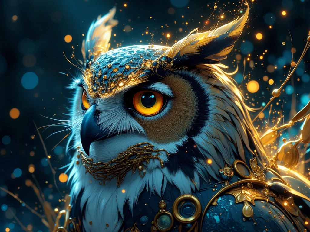 depict of mystical and magical, ultra realism, hyper realistic surrealism, gold dusts sparkling on the air and create owl-shaped gold elements with gold feather and blue beak, close up face of a perfect mystical creature with intricate magical gold dusts details, with striking navy eyes, the background is a deep dark Blue Night Sky, dramatic lighting, perfect digital art, very aesthetic, good quality, amazing details, masterpiece image, combining both mystical subject with Magic. the Owl should be looking at viewer, fierce. blue and gold color grading, close up angle.