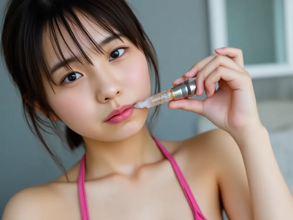 highest quality, masterpiece, ultra high resolution, (realistic:1.4), Raw photo, 1 girl, black hair, shiny skin, wet body, Female dog, huge breasts、Handjob to uncle's penis