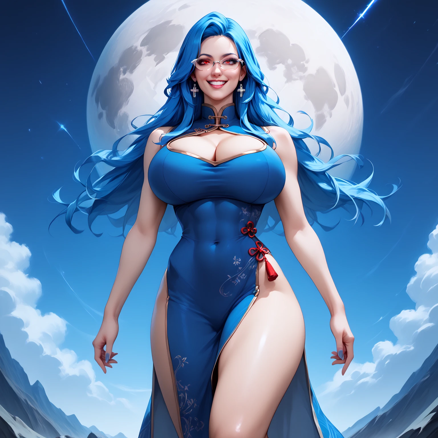 witch, blue haired, big breast, suggestive pose, metallic blue sexy dress