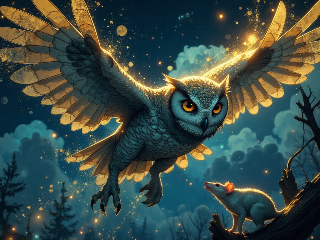 depict of mystical and magical, ultra realism, hyper realistic surrealism, gold dusts sparkling on the air and create owl-shaped gold elements with gold feather and blue beak, close up face of a perfect mystical creature with intricate magical gold dusts details, with striking navy eyes, the background is a deep dark Blue Night Sky, dramatic lighting, perfect digital art, very aesthetic, good quality, amazing details, masterpiece image, combining both mystical subject with Magic. the Owl should be looking at viewer, fierce. blue and gold color grading, close up angle.