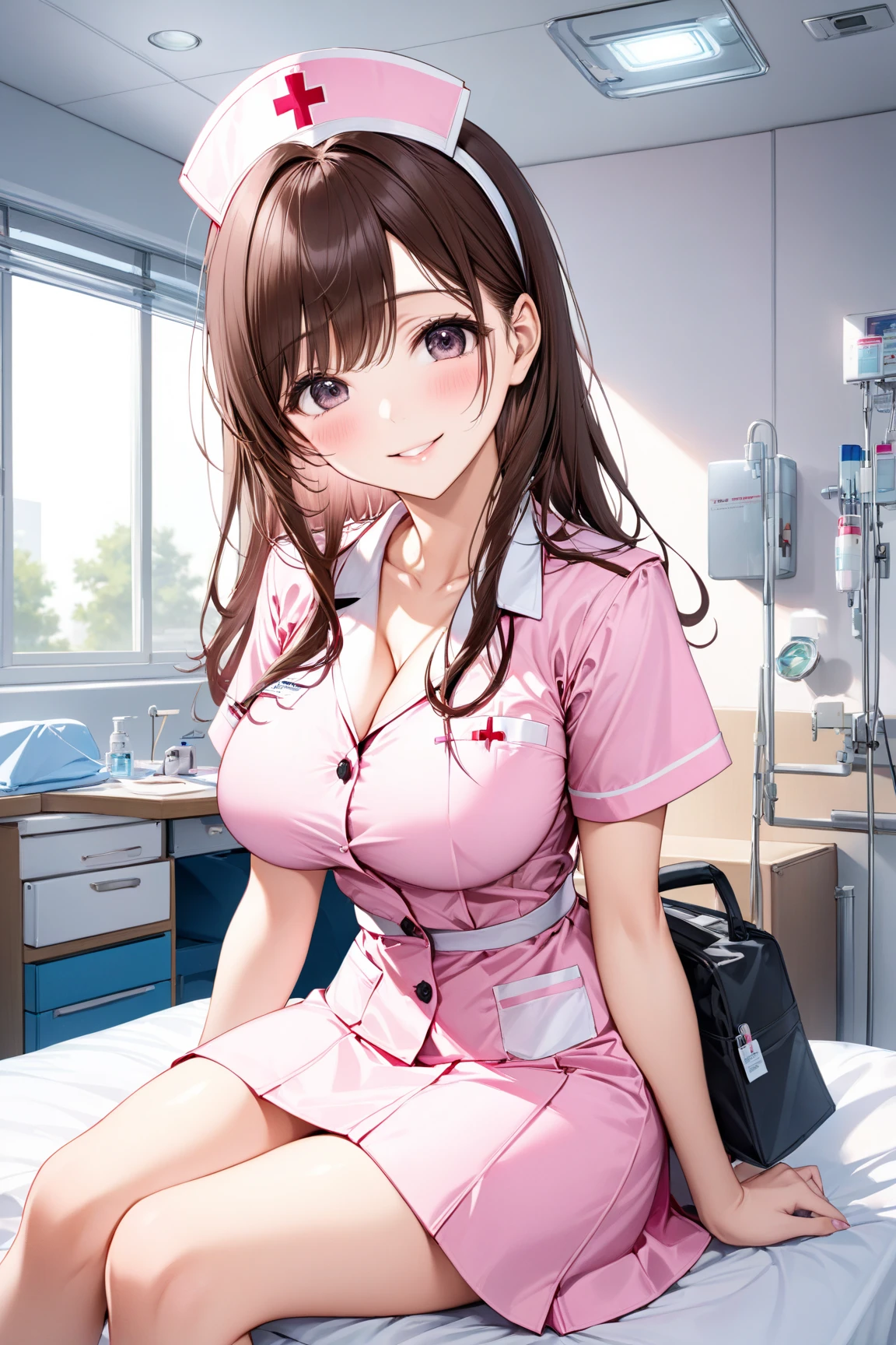 very cute and beautiful girl,(Very detailed美しい顔), (smile),blush,Black Hair,Seraphim,((nurse、Cleavage)),Are standing,(From below),((Lace panties)), ((Hospital room)), (Highest quality,masterpiece:1.0),Absurd,High resolution,Super detailed,Very detailed,32k,8K resolution, Intricate details,Movie Scenes,Detailed Background,alone,Dynamic Angle,