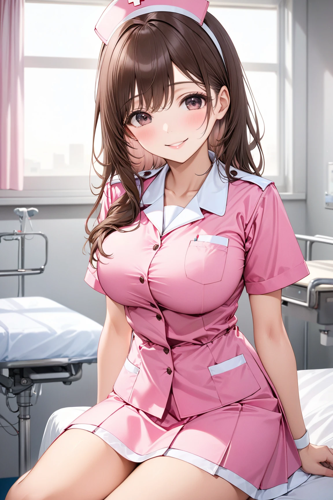 Highest quality、high resolution、High definition、HD、((hospital、Hospital room、Holding an extra-large enema syringe with both hands))、(Nitta Minami、Long Hair、Medium chest、Brown Hair、Brown eyes、Glossy lips、Glowing Skin、Realistic skin texture、(White nurse uniform、gloves))、Staring at me、Love me、blush、(Laughing with your mouth open)、(Very close to me)