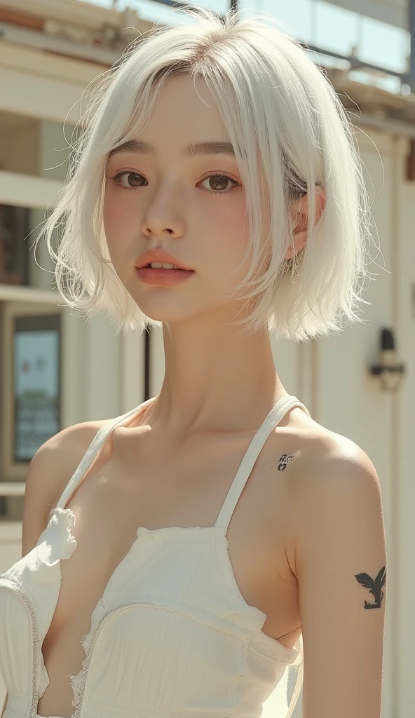 A Korean woman with short, white hair, a beautiful face showing her cleavage, wearing a casual outfit, sitting in a flower garden. Surrealistic portrait, pastel tones, mid shot, dramatic light.