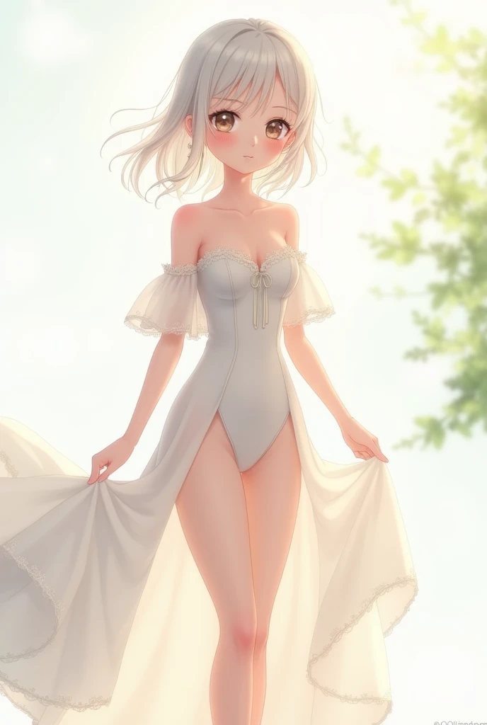 (High definition) (masterpiece) 1 girl, elf, body, cute face, young, slender, perfect waistline, perfect legs, small breasts, in cute sundress, nice cleavage, cute green eyes, medium sized silver hair, smiling, sexy pose, outdoor, full body, cute feet, wearing golden sandals