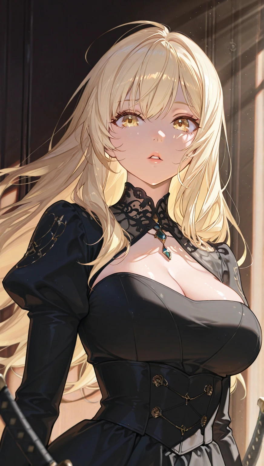 Masterpiece,Highest quality,8k,Ultra-high resolution,appropriate margins,lighting,Photograph the whole body,BREAK,1 person,Very beautiful adult woman,Slim body,Very ample large breasts,Deep cleavage,Moisturized Skin,BREAK,(White Hair),Forehead,mascara,Red eyeliner,Light pink lip,Thin teak,Thin eyebrows,BREAK,Light purple eyes,BREAK,Cute expression,BREAK,Long Hair,Unshaven,BREAK,(Classic maid outfit),BREAK,Eye contact,Close one eye,(Kissing Face)