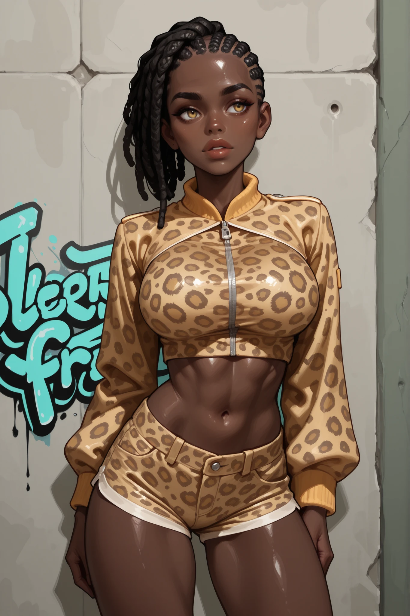 1girl, very dark skin , jewlery , large breasts , cornrows , crop top , shorts, skinny , slim waist, (leopard print cropped jacket), street with graffiti 