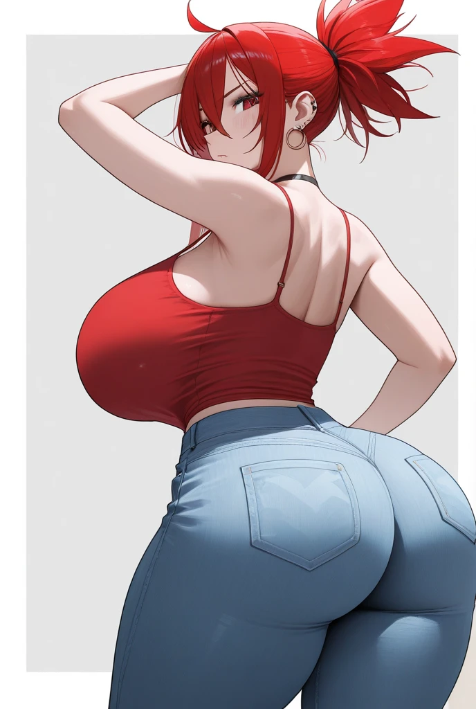 1 girl,curvy,short hair,bob cut,dark red hair,ligut blue eye,large breasts,beautiful ass,black hoodie,jeans,(embarrassed),standing,simple background