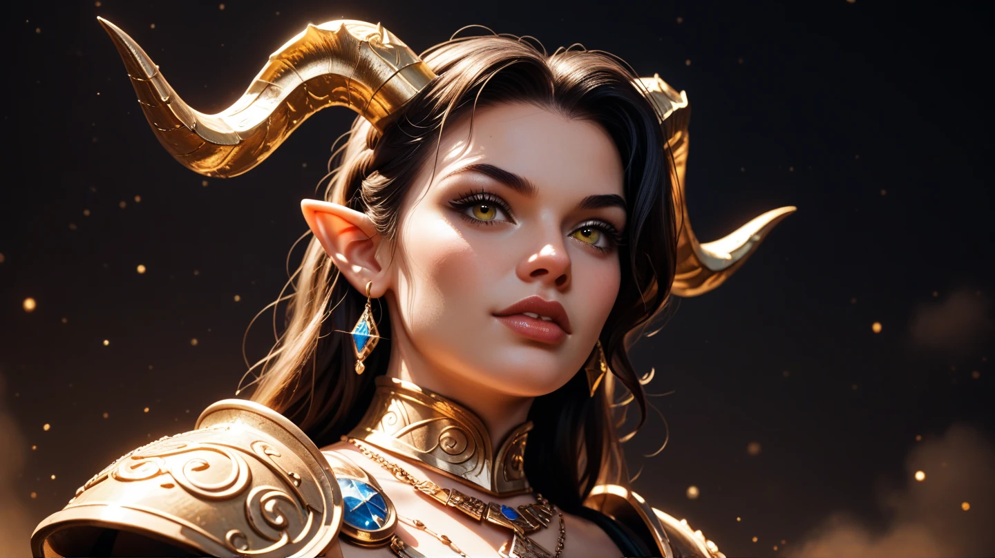 A stunning 3D illustration of a woman wearing a provocative Aries-themed outfit. Her expression is a mix of surprise and playfulness, with her eyes wide and a slight smile on her lips. The outfit comprises a gold ram-shaped headdress, a skintight golden bodysuit with a ram pattern, and knee-high gold boots. The overall image is highly detailed and rendered in 4K quality, creating a vivid and captivating close-up view of the woman. The background is a dark, starry sky, adding a sense of depth to the scene.