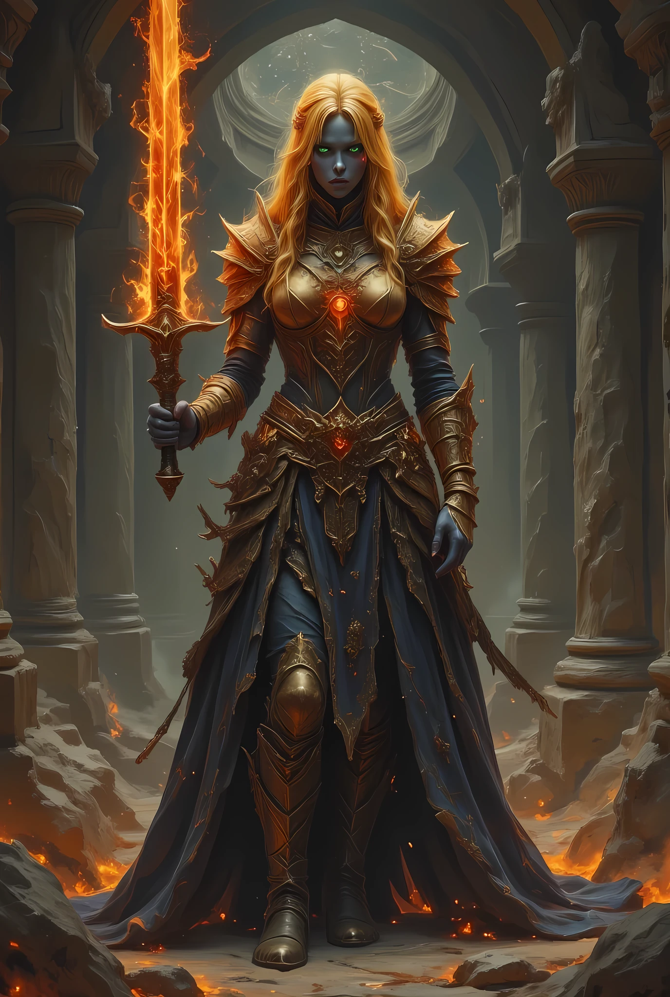portrait of a female cleric ((dark blue skin)), intense details facial details, exquisite beauty, cleric, (dark blue skin)) female, ((yellow hair)), long hair, (((no ears: 1.5))), (green eyes), armed with a fiery sword red fire, wearing (golden priestly combat vestments), wearing gold armor, wearing high heeled laced boots, wearing an (orange cloak), wearing glowing holy symbol, fantasy art, dnd art, RPG art, wide shot, (masterpiece) intense details, highly detailed, photorealistic, best quality, highres, within fantasy temple background, reflection light, high details, best quality, 16k, [ultra detailed], masterpiece, best quality, (extremely detailed), close up, ultra wide shot, photorealistic, RAW, fantasy art, dnd art, fantasy art, realistic art,((best quality)), ((masterpiece)), (detailed), perfect face, strapless, lace up stiletto, lace up stilettos, fantasy,