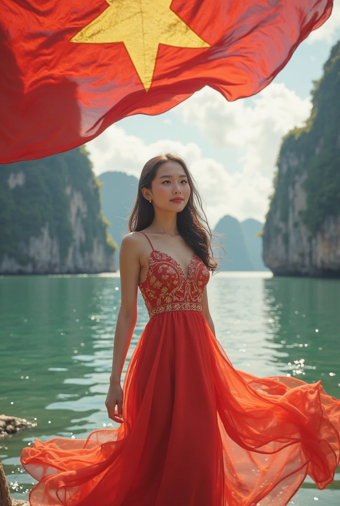 a beautiful woman with black hair, big breasts, wearing a red and white dress, the background of independent Indonesia.