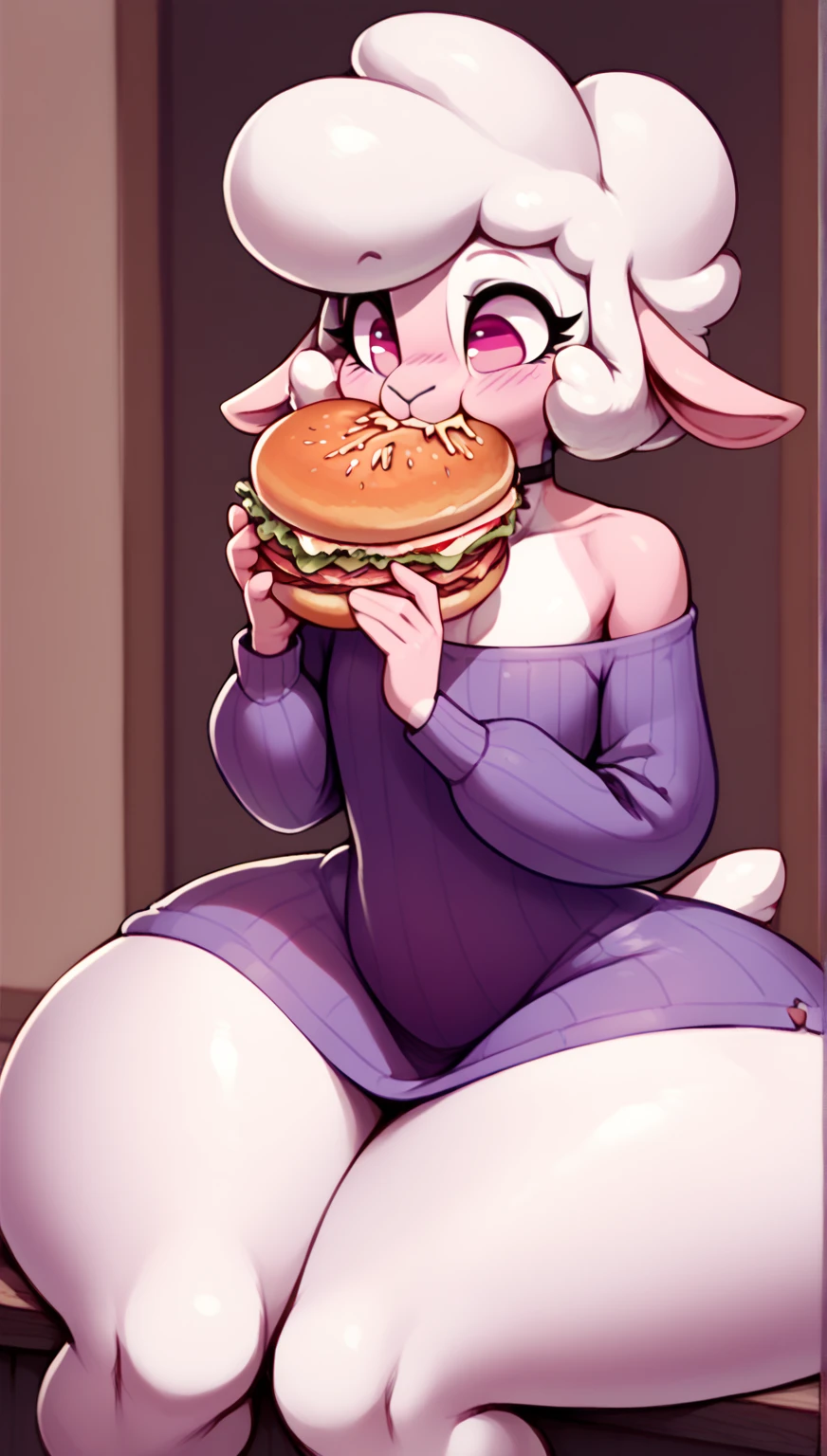 Lopunny, very fat, huge belly, big breasts, very wide hips, very huge butt, huge ears, brown fur, nice dress, girly, cake, bakery, smiling