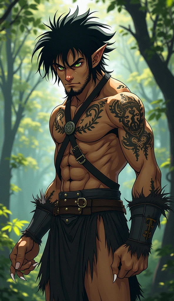 Poseidon Knife,a Greek god with dark hair and beard and some gray hairs,He has a tridnet in his hands,high evening,stark,full of thick and huge muscles,male from male,with only a loincloth covering their genitals and wearing ancient Greco-Roman robes, he will be harassing Demeter,A GREEK GODDESS, with blond hair,beautiful face and body and green Greco Romnaks costumes that leave her body semi naked,she would be trying to escape from Poseidon, the two of them are in a forest with Greco Roman architecture 