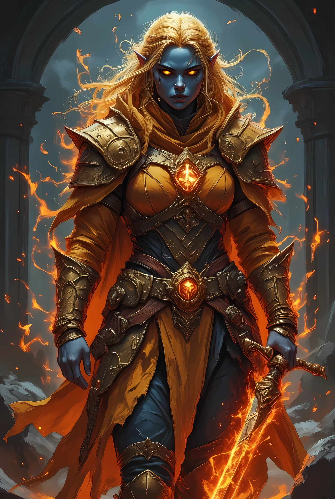 portrait of a female cleric ((dark blue skin)), intense details facial details, exquisite beauty, cleric, (dark blue skin)) female, ((yellow hair)), long hair, (((no ears: 1.5))), (green eyes), armed with a fiery sword red fire, wearing (golden priestly combat vestments), wearing gold armor, wearing high heeled laced boots, wearing an (orange cloak), wearing glowing holy symbol, fantasy art, dnd art, RPG art, wide shot, (masterpiece) intense details, highly detailed, photorealistic, best quality, highres, within fantasy temple background, reflection light, high details, best quality, 16k, [ultra detailed], masterpiece, best quality, (extremely detailed), close up, ultra wide shot, photorealistic, RAW, fantasy art, dnd art, fantasy art, realistic art,((best quality)), ((masterpiece)), (detailed), perfect face, Digital painting style, brushstrokes
