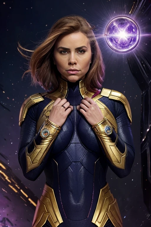 Saint Seiya (portrayed by Kate Mara),Gold Armor,movie light,ralistic,highly detailed,bright, universe, nebula, detailed, hyper realistic, clean background trending, bright background, high on details,8k --niji 5 --style expressive --s 400