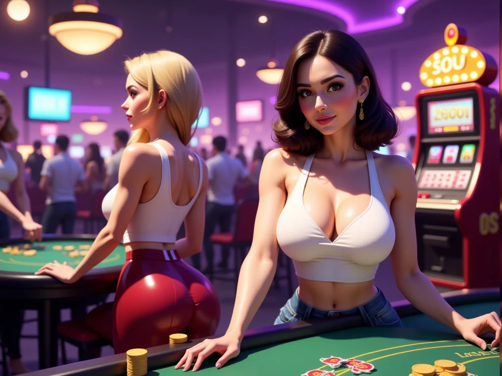 kiko, short hair, hair over one eye, asian, tanned skin, tanned, 35yo, mature woman, milf, serious, mad, dangerous, white female suit, cleavage, big breasts, suit pants, standing, in a diamond design casino