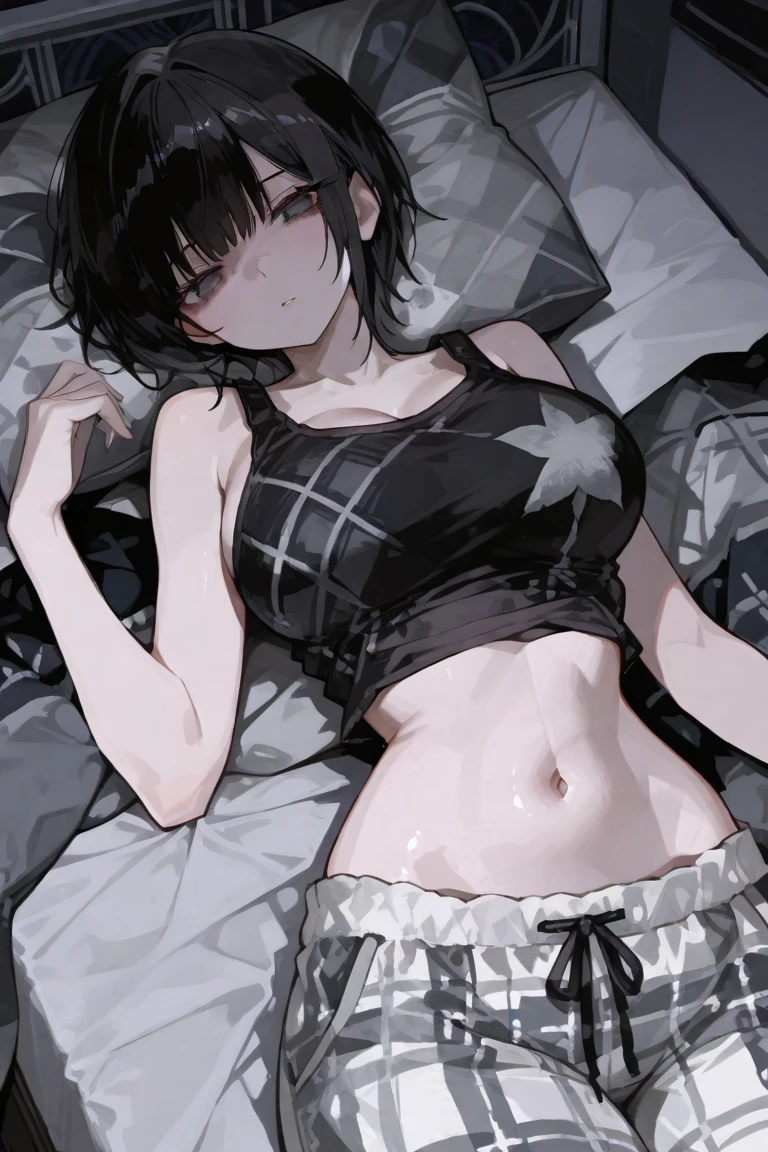 (Hands folded behind your back)、Beautiful breasts、Black Hair、Attractive breasts、Beautiful and attractive anime woman, Enchanting anime girl,Slippery、black eye、beautiful girl、、Quiet、Inconspicuous、Exposed locally.、White see-through tank top、Big Breasts、Stay in the house、Underwear is visible、Underwear is biting into、Small underwear、Shaved、Wet Skin、bed、(On the arm)Tattoo、(For the whole body)Tattoo、(On the neck)Tattoo、Nipples、large hoop earrings、(On the legs)Tattoo、(On my back)Tattoo、(On the stomach)Tattoo、Short Bob、Provocative、Looking up from below