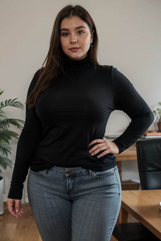 (best quality,4k,8k,highres,masterpiece:1.2),ultra-detailed,realistic:1.37,portrait,smiling woman in a black turtleneck sweater, standing confidently, looking directly at the camera, with a joyful smile on her face. Her eyes are bright and expressive, and her lips are beautifully curved. She exudes a sense of happiness and positivity. The turtleneck sweater accentuates her elegant neck, adding a touch of sophistication to her appearance. The lighting softly illuminates her face, creating a warm and inviting atmosphere. The artwork is created using a combination of acrylic painting and digital illustration techniques, resulting in a stunning blend of traditional and modern mediums. The colors are vibrant and vivid, with a subtle warmth that adds depth and dimension to the portrait. The background is simple, allowing the focus to be on the woman and her captivating expression. The overall composition is balanced and visually pleasing, capturing the essence of the subject's personality and charm.