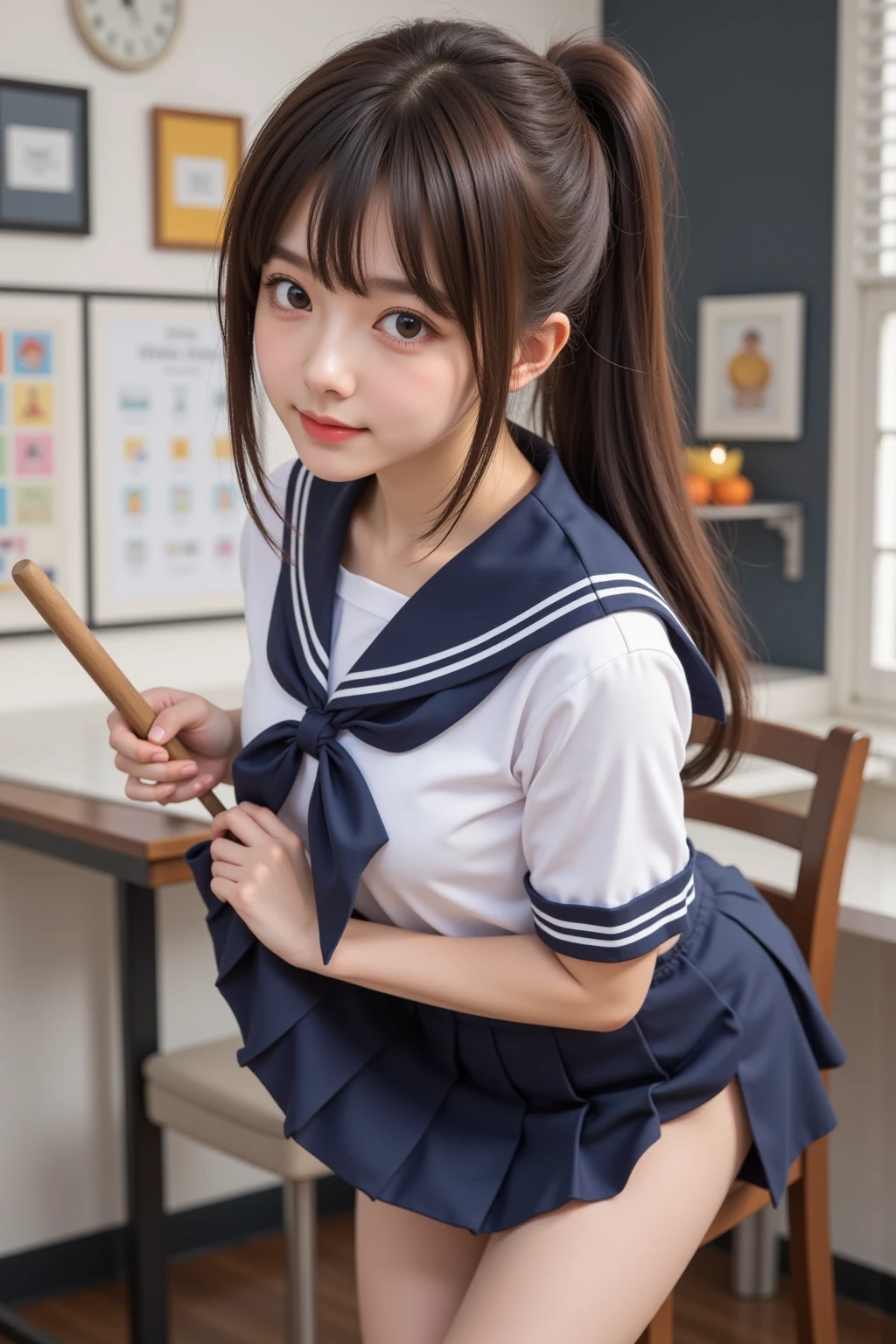grasp、、(High school girl in short sailor suit with short sleeves)、((Realistic old little face girl who is very short in stature))、、Square sailor collar with ribbon、High twin tails、drooping bangs、(((buttocks fully exposed)))、Dark blue pleated skirt that is flipping up、Very thin waist、a beauty girl1a person、((Japan man in front grabs schoolgirl buttocks))、(((molesting)))、((Japan man grabs her bust head-on))、red blush、(from the rear)、(((Skirt flipped up:1.3)))、((Show off very erotic panties))、high-level image quality、realisitic、(((Turned)))、(Naked)、(Naked)