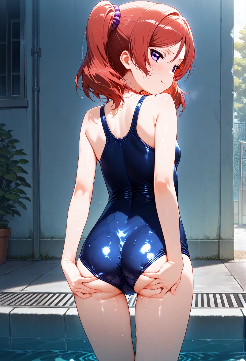 Masterpiece, best quality, Hoshizora rin, orange hair, yellow eyes, solo, from behind, cowboy shot ,strapless leotard, looking at viewer, standing ,ass , (exposed ass cheeks:1,3), moist and shiny skin , in her boyfriend room ,ass focus