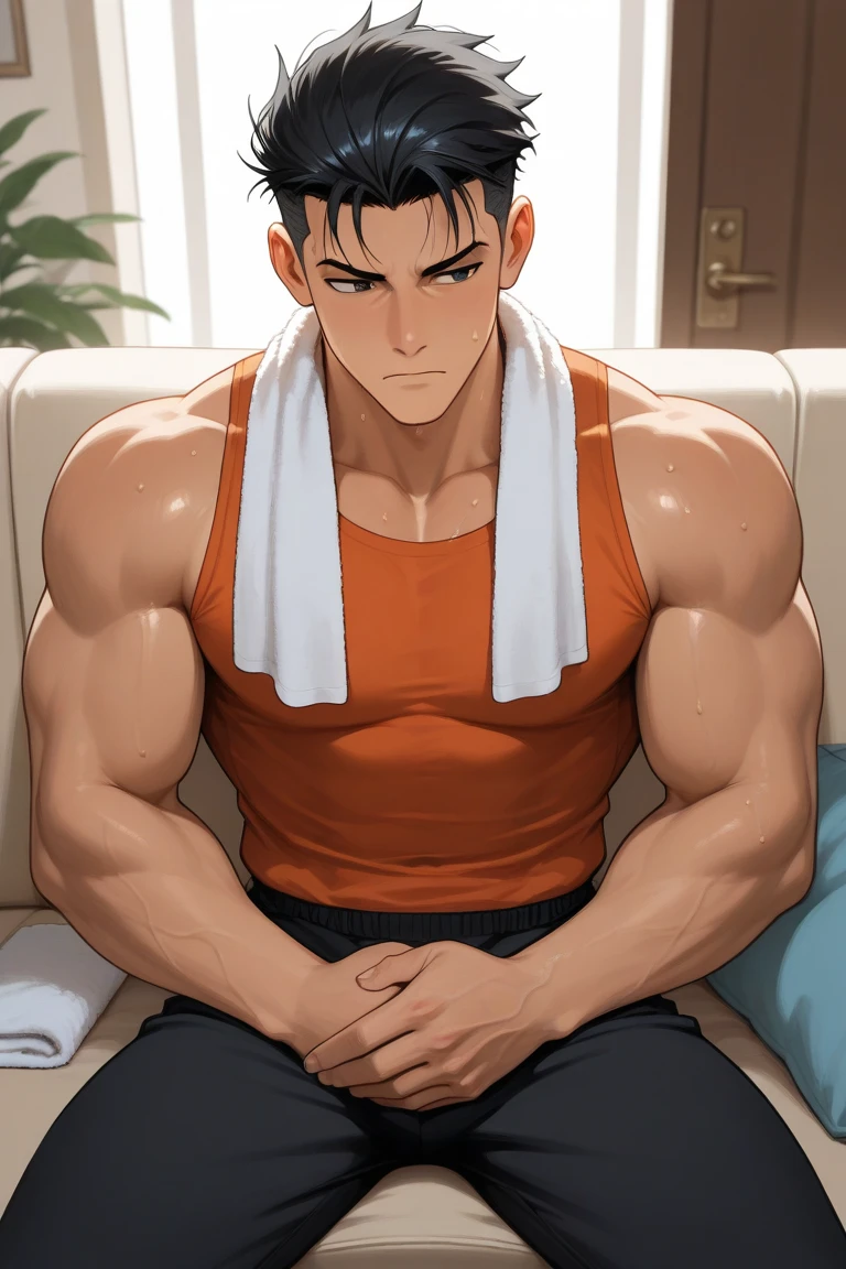 Creates a wet 18 year old man with straight black hair with his face covered by bandages sitting on a couch in a dimly lit living room