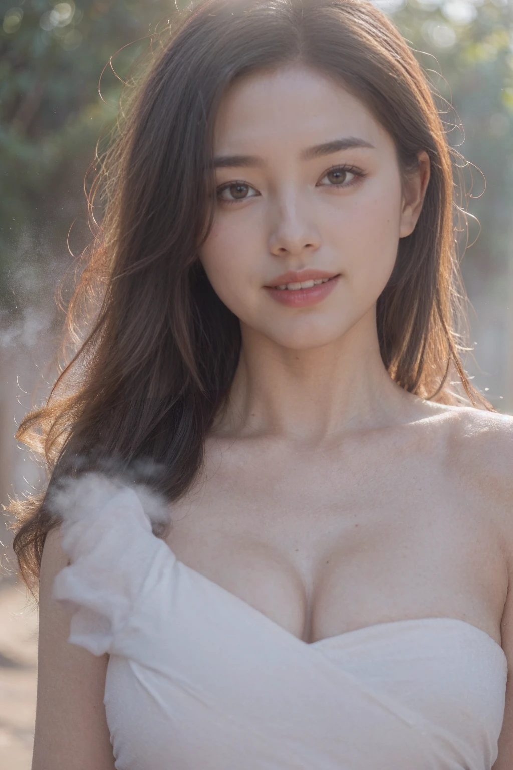 最佳质量，nmasterpiece，ultra-high-resolution，（extremely lifelike：1.4），OriginalPhoto，Whitens the skin，simple background，Black eyes，Eye detail description，Detail，selfee， 1个女孩，Sun'rays，Large ，Bandeau wedding dress，detailed eye，Smile with