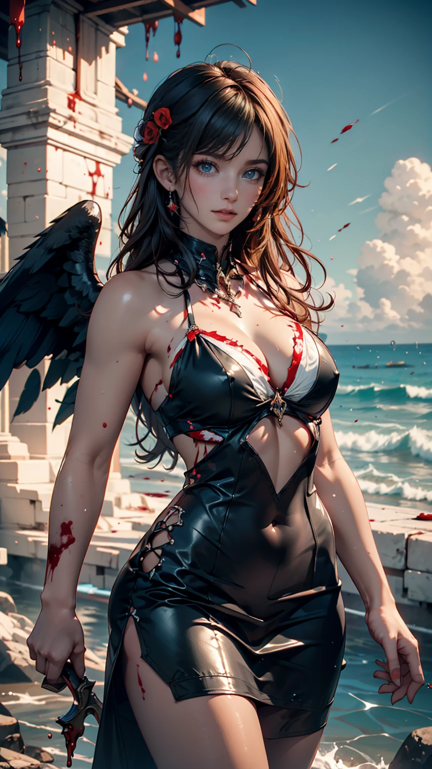 a beautiful angel, with a red aura, black wings, white dress, big boobs, brown skin