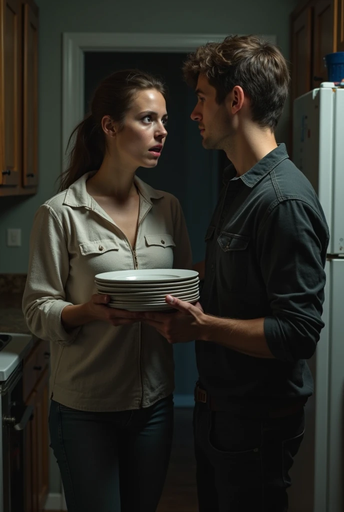 Inside a kitchen, the husband is cooking, and the wife is hitting him with a spoon. 
They are quarreling.