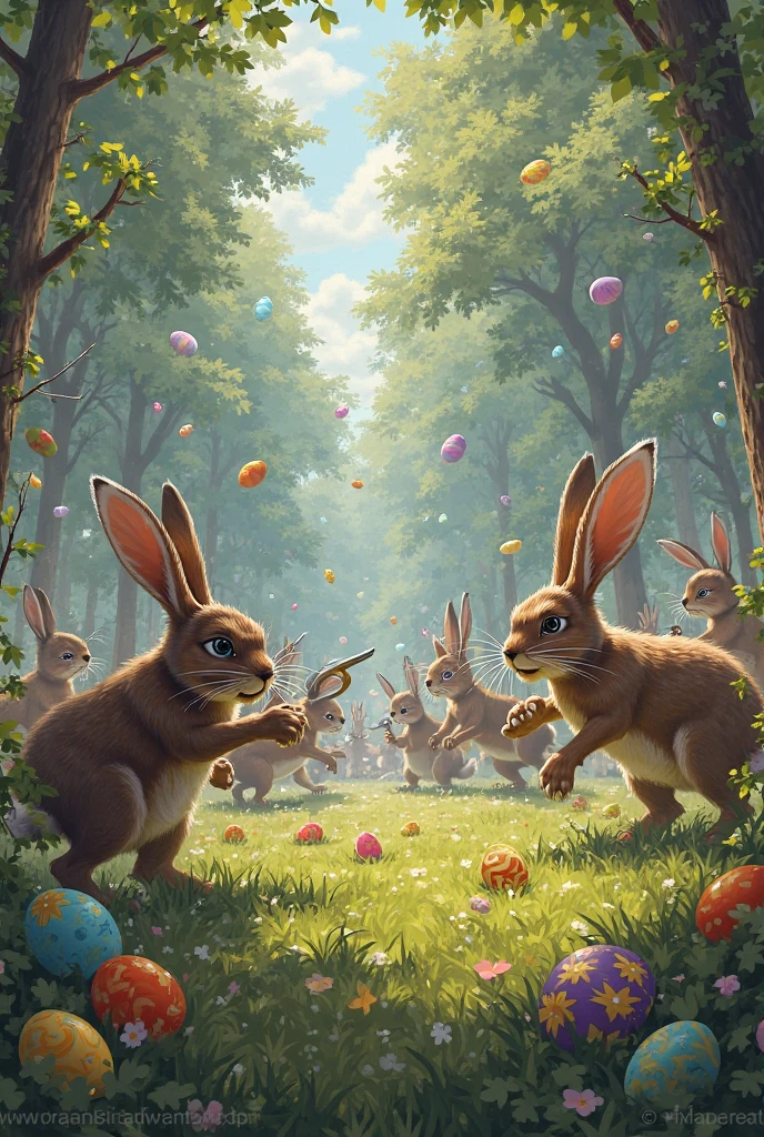 Easter eggs against hare arms in a forest clearing there is a fight 