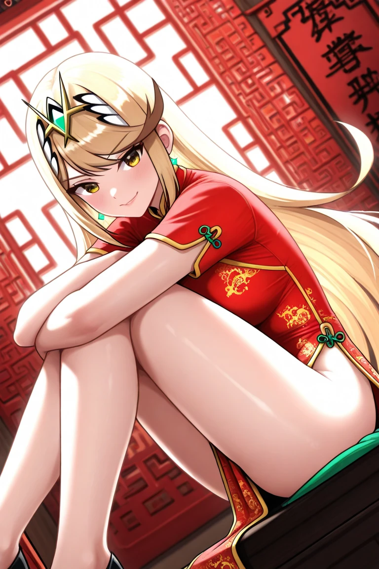 nsfw, 8k, Delicate image quality, best quality, (((blond twintails))), Red qipao, panty hose, 16 year old Beautiful girl, masterpiece, best quality, ultra detailed, Photo taken from below, outdoors, storm, lightning, leg spread,