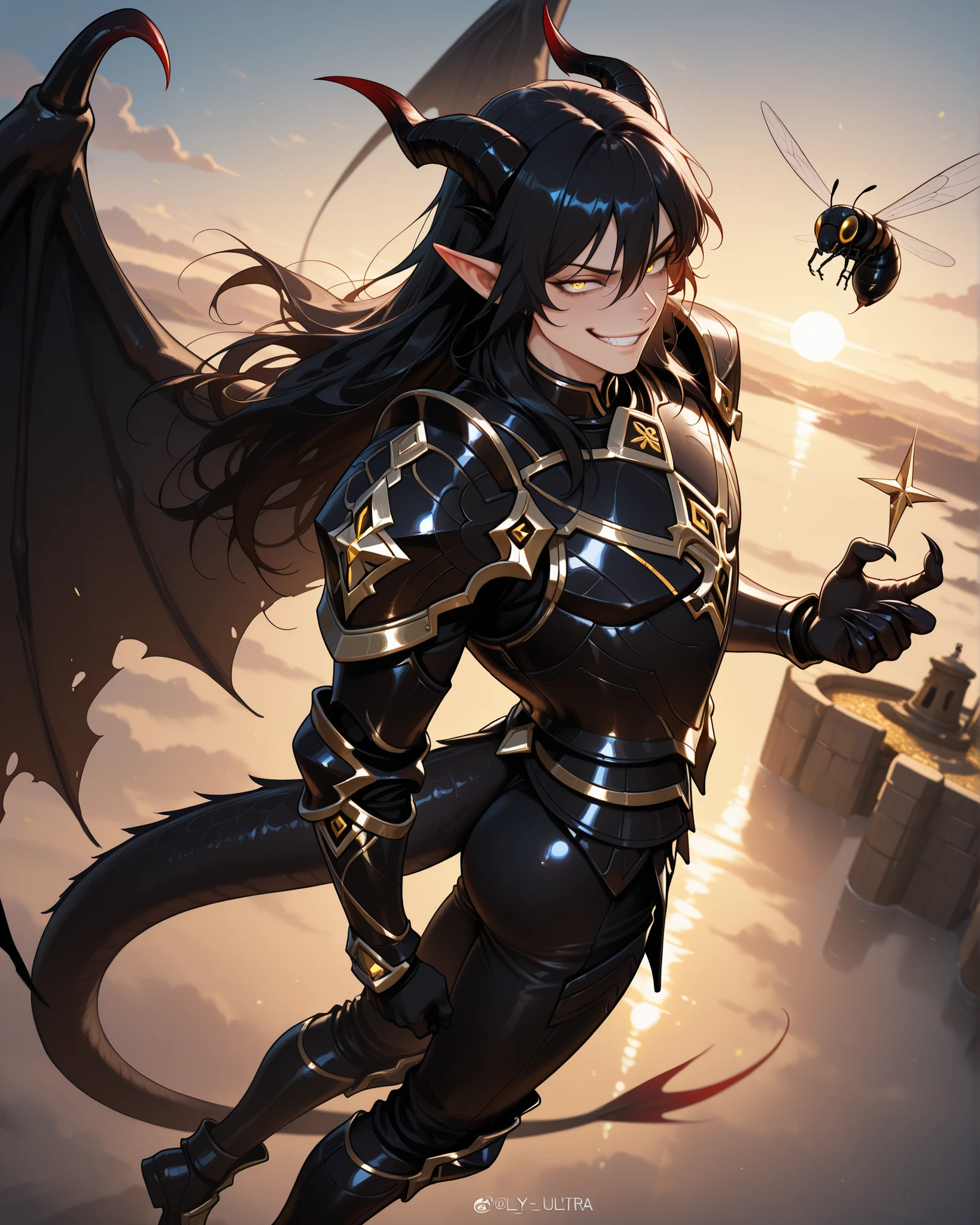 Masterpiece, (((Anime))), 1 male, lean body, (masculine), (((sky))), (((flying))), weredragon, korean webtoon style, glossy black, shiny black leather, ((beautiful golden eyes, finely detailed eyes, vertical iris)), hair between eyes, long hair, sideburns, wild hair, (sly grin, smirk, evil smile), teeth, confident, black hair, ultra detailed face, shiny skin, long pointy ears, twisted torso, long-legged, sculpted face, wasp waist, dragon’s horn, dragon’s tail, dragon’s wings, (((black armor with a lot of grandiose decorations))), half dragon half human, dragon’s sharp claws, dramatic angle, dynamic posture, (high quality metal texture), ultra detailed black armor, finely detailed black armor, all black outfit, whole body, emphasize face, focused expression, sharp focus, flourish, sexy gestures, oblique angle, good-looking man, well-polished black armor, charismatic pose, (best illustration), cinematic, super detailed, dramatic lighting, intricate detail, exquisite detail, reflection, pearly luster, ((highly detailed artwork)), dramatic shadows, tenebrism, chiaroscuro, ((best quality)), (extreme detailed), perfectly designed, wonderful pose, chiseled features, stark contrast, heavy shadows, detailed black decorations, beautiful and aesthetic, photoreal, from above, fantasy black armor, opulent attire, sparkling accessories, thick and luxuriant hair, ultra detailed fantasy black armor, intricately black armor, he dressed in black, broad shoulder, bright eyes, true-to-life visuals, artistically refined, captivating beauty, dramatic contrasts, ((an extremely delicate and beautiful armor)), (exquisite goldwork), wonderful black armor, armor with intricate engravings, armor-type boots, ((detailed shoulder armor with intricate engravings, gold accent black armor)), (128K Ultra High Resolution), very gorgeous and dazzling, dark fantasy black knight, slim waistlines, wide chested, sinewy body, splendid scenery background, (((Hyper Detailed & Perfectly Designed Black Armor)))