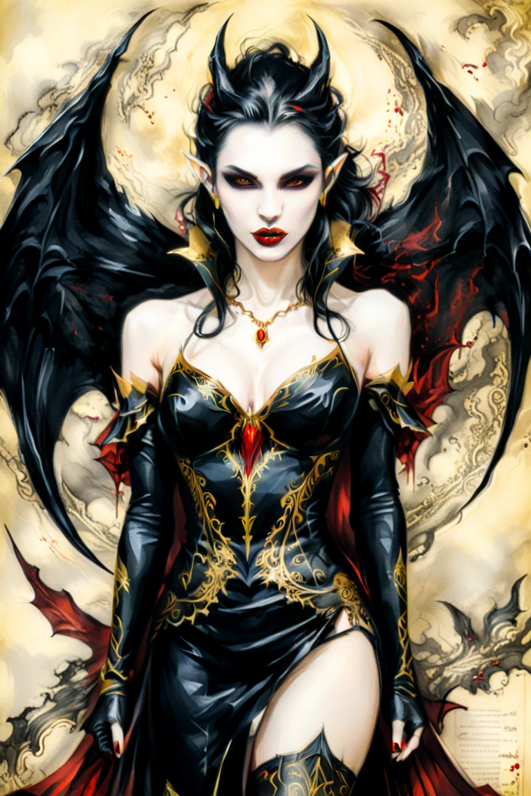 Ultra-detailed Lisa Ann stands atop a pile of burning ruins, Her diabolical and insidious presence radiating from her dark crown and black and red evil queen dress... Her demon wings on her back and demon horn give her an invincible aura as she unleashes a powerful wave of destruction with a single gesture....