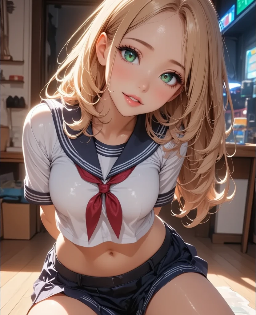 1 lady, (Micro thong:1.5), (((under boob))), ((Crop Top shirt)), sleeveless, ((spread legs to limit, one knee up:1.3)), (Sailor only for the upper body), (showing pubic area:1.3), (thin thighs:1.5), ((Red Ribbon Tie)), (sitting with hands back:1.7), masterpiece, Best Quality, High quality, High Definition, Finely detailed, Detailed texture, realistic representation of face, Realistic, Colorful, Ray tracing, (((lighting forward))), ahegao, smile, (glowing eyes), (Detailed beautiful delicate face, Detailed beautiful eyes, A perfectly proportioned face, High detailed skin, best ratio four finger and one thumb, (((Glowing white shiny skin))), (large breasts), ((Smooth texture, Realistic texture, Photorealistic)), ((detailed Green eyes)), (Beautiful face, Cute face, Detailed face), on a bed