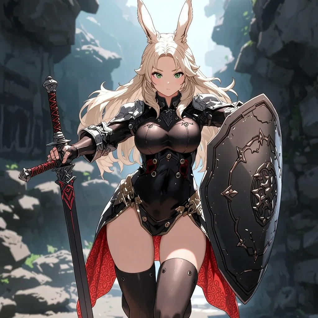 (highres, best quality), far from frame, depth of field, Adult female, (detailed, highly detailed), soft lighting, (color_contrast), Long white hair, undercut hair style, brown eyes, rabbit ears, rabbit tail, fitted armor, full body armor, medium breasts, brandishing a sword: longsword, silver steel on cross guard, ornament pummel, holding hilt of the sword, (detailed hands), (detailed weapon), on a battlefield, looking fierce, looking determined, detailed eyes, cute, toned body, thick thighs, covered legs, muscular arms, surrounded by a malicious aura